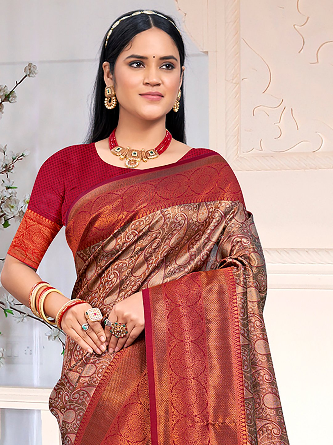 Maroon Silk Woven Work Traditional Saree