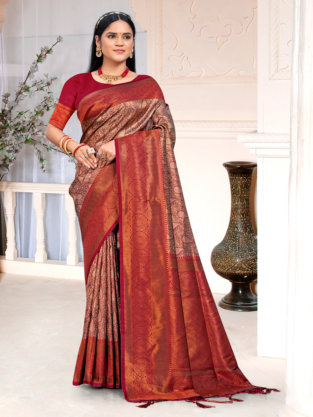 Maroon Silk Woven Work Traditional Saree