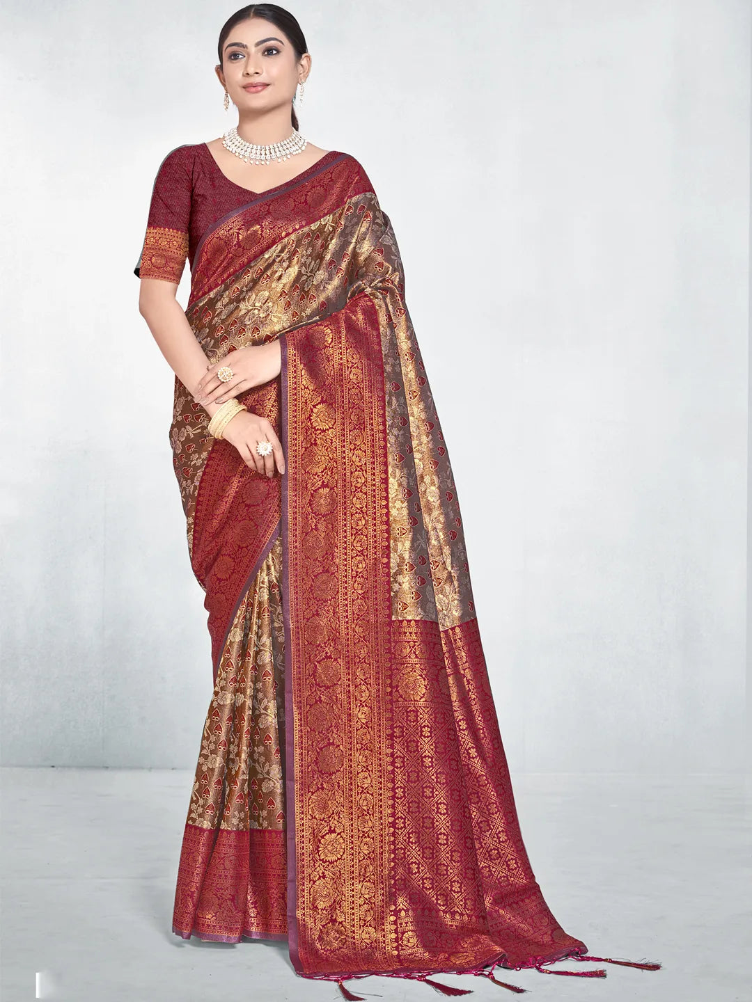 Maroon Silk Woven Work Traditional Saree