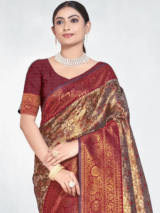 Maroon Silk Woven Work Traditional Saree