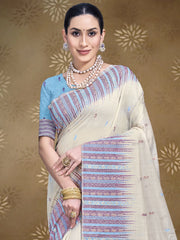 Cream Cotton Woven Work Traditional Saree