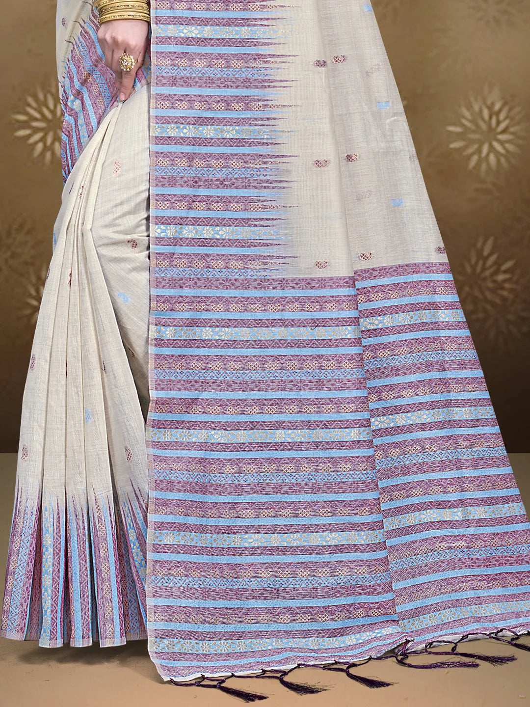 Cream Cotton Woven Work Traditional Saree