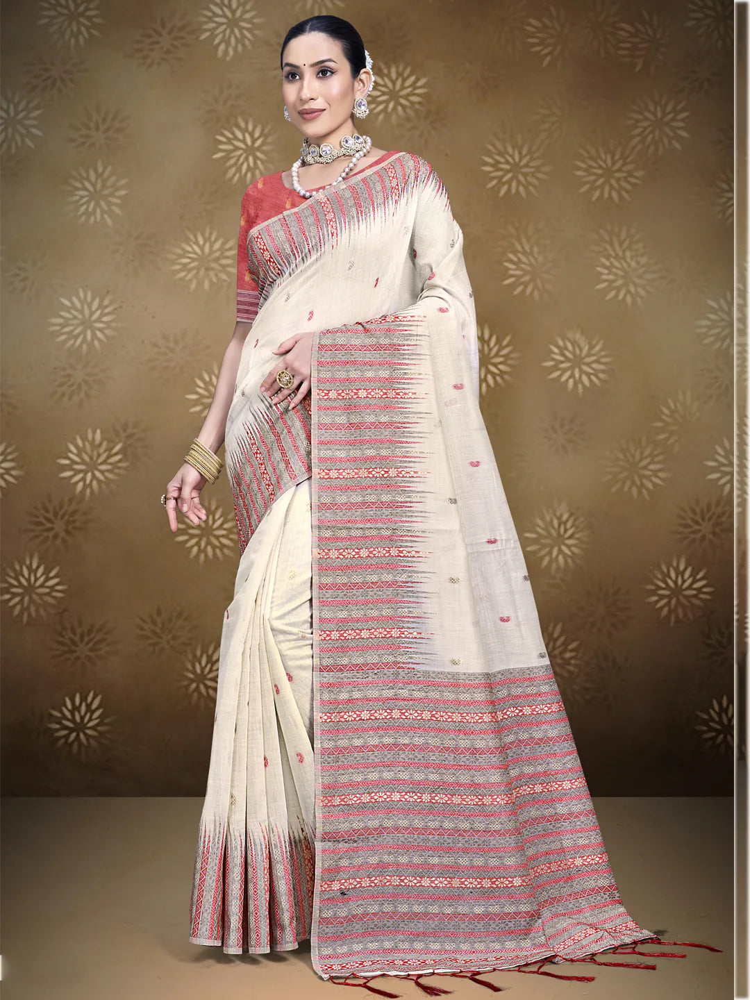 Cream Cotton Woven Work Traditional Saree