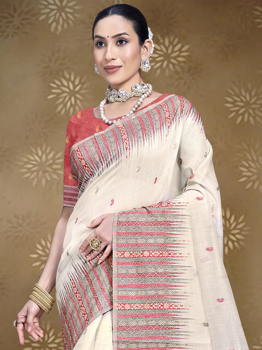 Cream Cotton Woven Work Traditional Saree