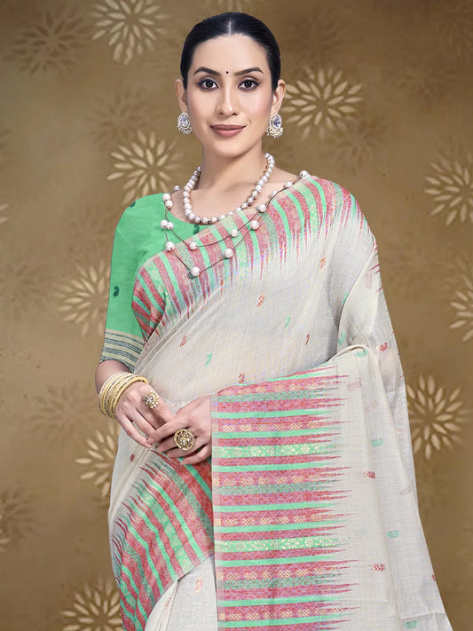 Cream Cotton Woven Work Traditional Saree