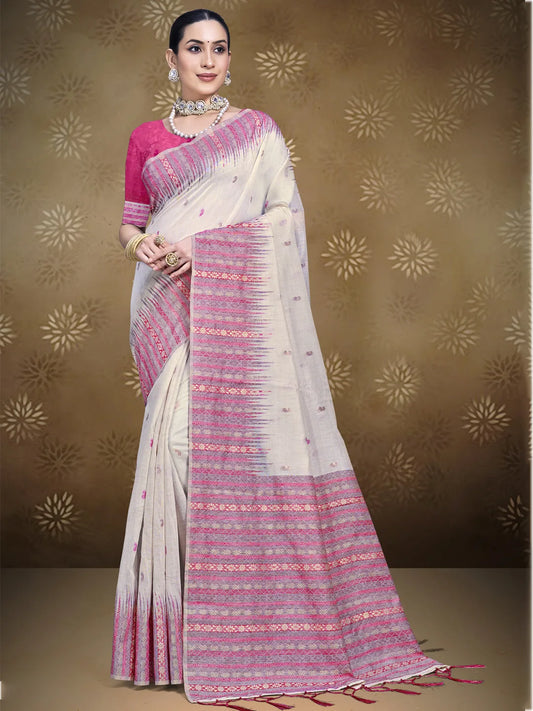 Cream Cotton Woven Work Traditional Saree