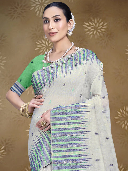 Cream Cotton Woven Work Traditional Saree