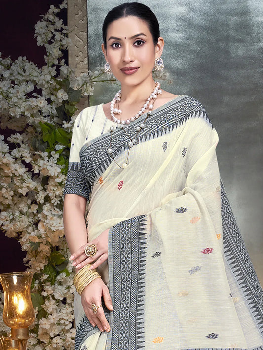 Cream Cotton Woven Work Traditional Saree