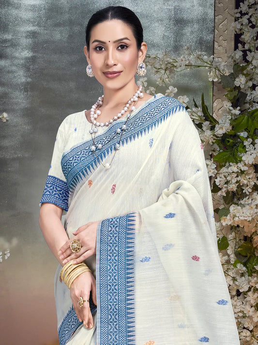 Cream Cotton Woven Work Traditional Saree