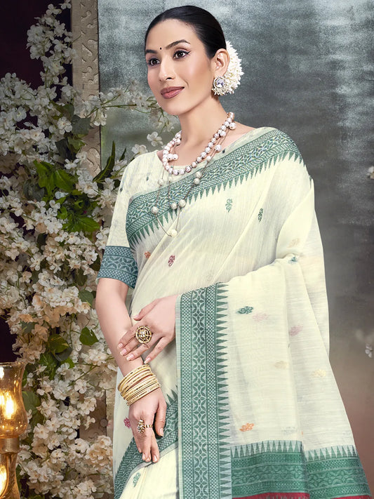 Cream Cotton Woven Work Traditional Saree