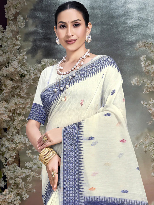 Cream Cotton Woven Work Traditional Saree