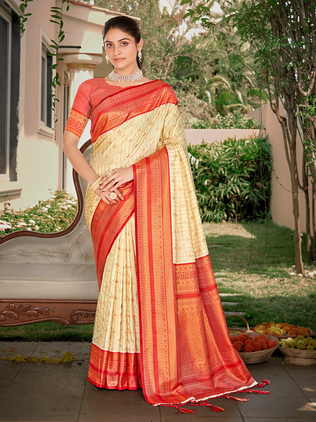 Cream Silk Woven Work Traditional Saree