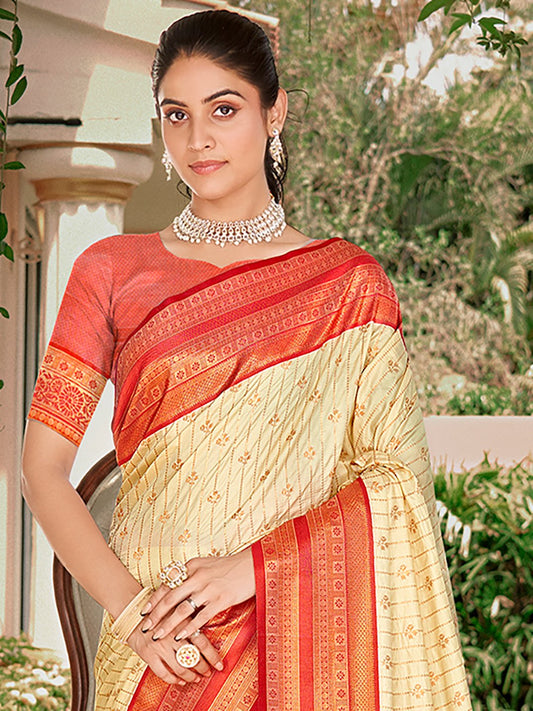 Cream Silk Woven Work Traditional Saree