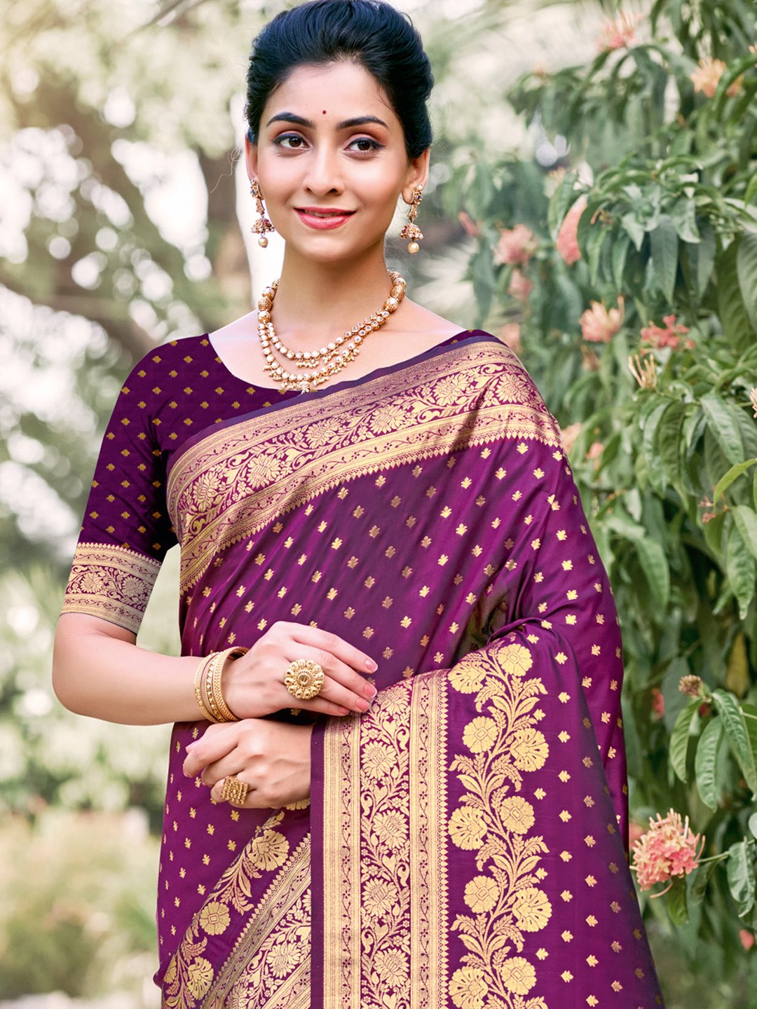 Wine Silk Woven Work Traditional Saree