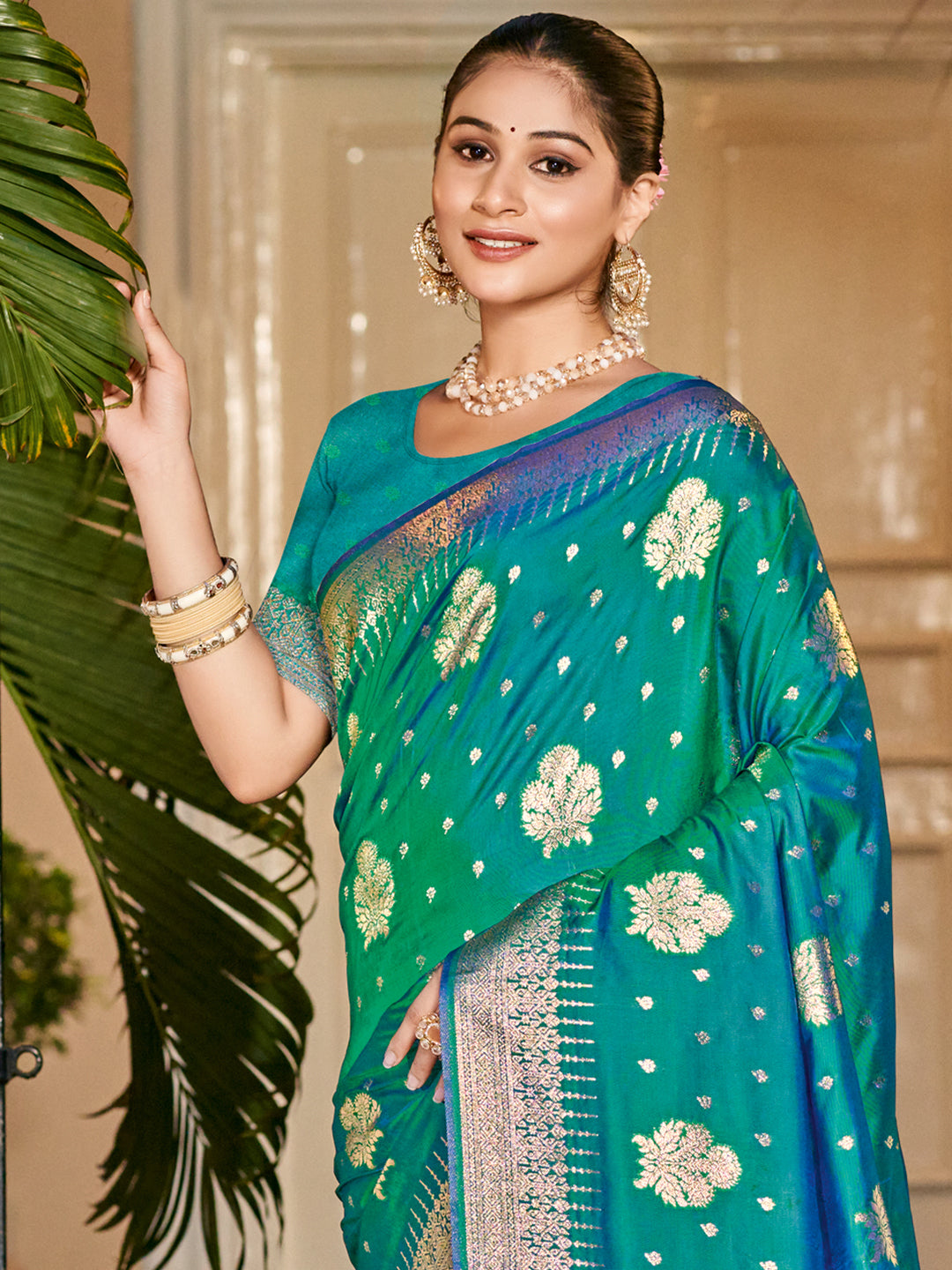 Teal Blue Silk Woven Work Traditional Saree