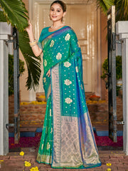 Teal Blue Silk Woven Work Traditional Saree