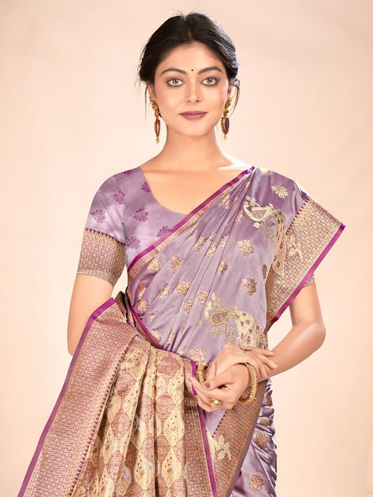 Purple Satin Silk Woven Work Traditional Tassels Saree