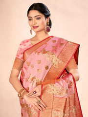 Light Pink Satin Silk Woven Work Traditional Tassels Saree