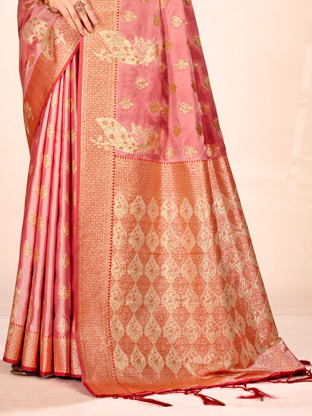 Light Pink Satin Silk Woven Work Traditional Tassels Saree