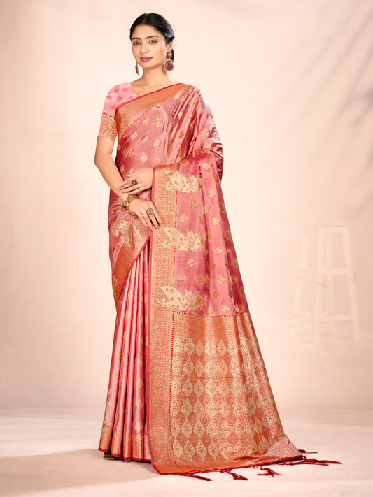 Light Pink Satin Silk Woven Work Traditional Tassels Saree