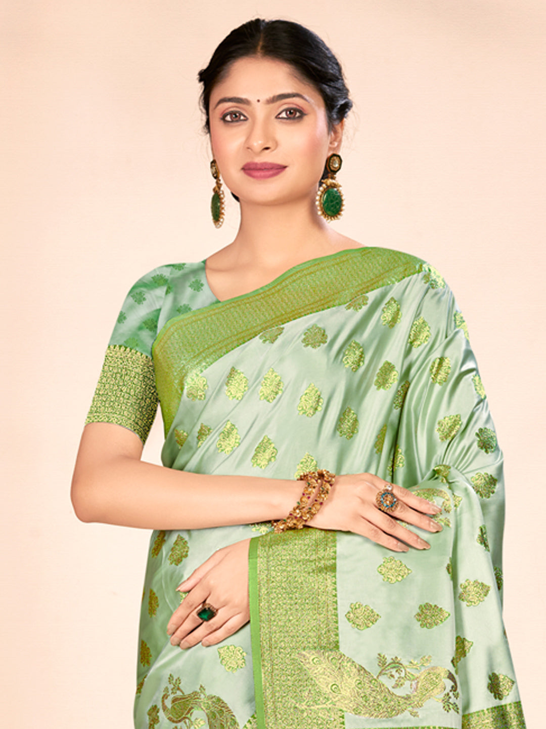 Green Satin Silk Woven Work Traditional Tassels Saree