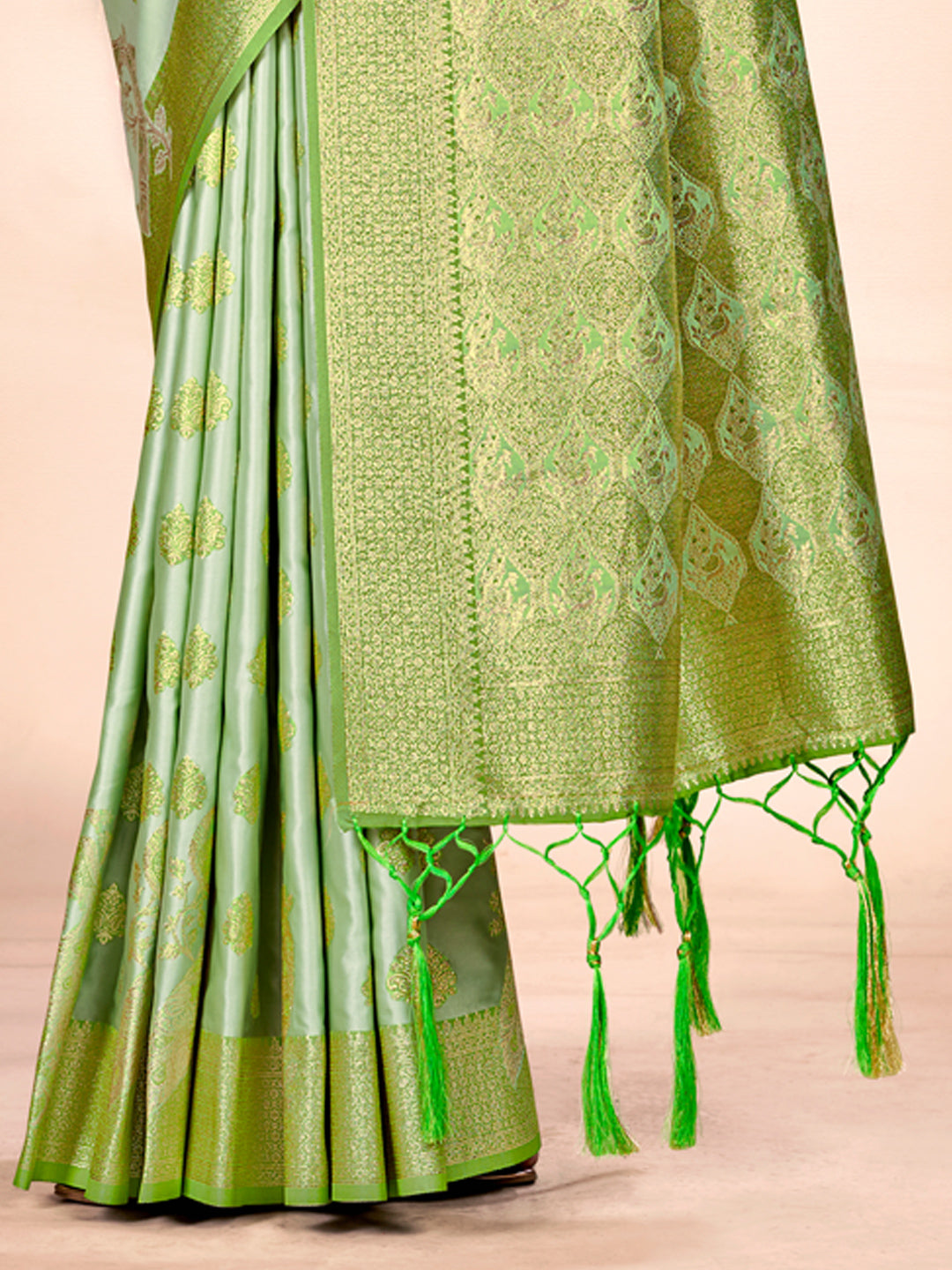 Green Satin Silk Woven Work Traditional Tassels Saree