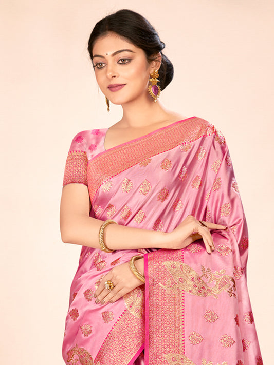 Pink Satin Silk Woven Work Traditional Tassels Saree