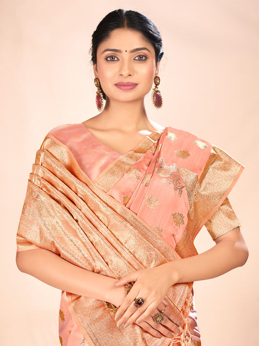 Peach Satin Silk Woven Work Traditional Tassels Saree