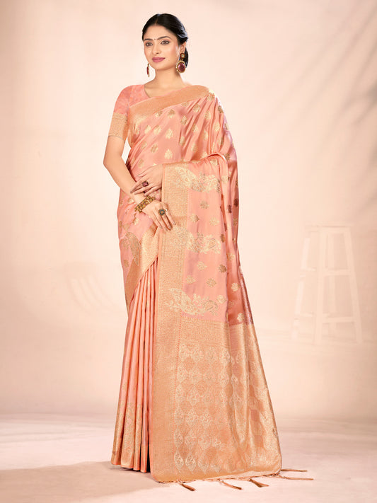 Peach Satin Silk Woven Work Traditional Tassels Saree