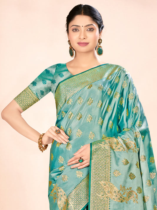 Turquoise Satin Silk Woven Work Traditional Tassels Saree