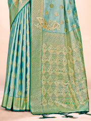 Turquoise Satin Silk Woven Work Traditional Tassels Saree