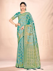 Turquoise Satin Silk Woven Work Traditional Tassels Saree