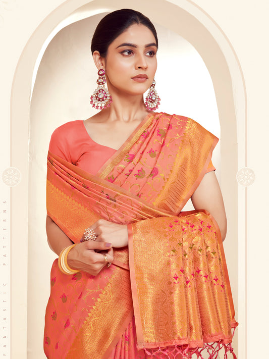 Peach Banarasi Silk Woven Work Traditional Tassels Saree