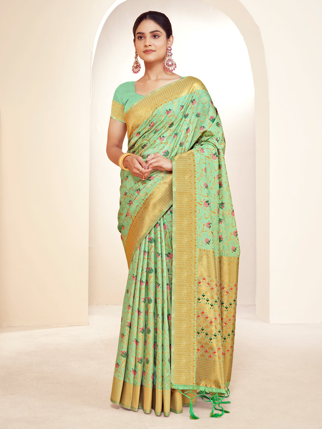 Green Banarasi Silk Woven Work Traditional Tassels Saree