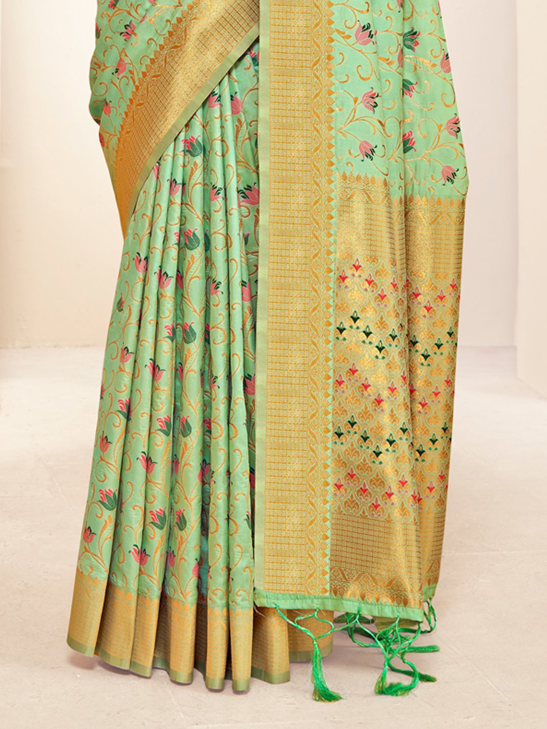 Green Banarasi Silk Woven Work Traditional Tassels Saree