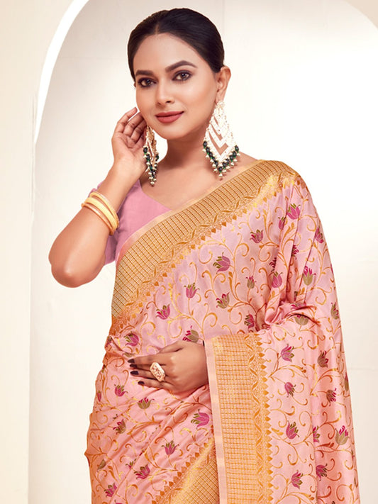 Pink Banarasi Silk Woven Work Traditional Tassels Saree