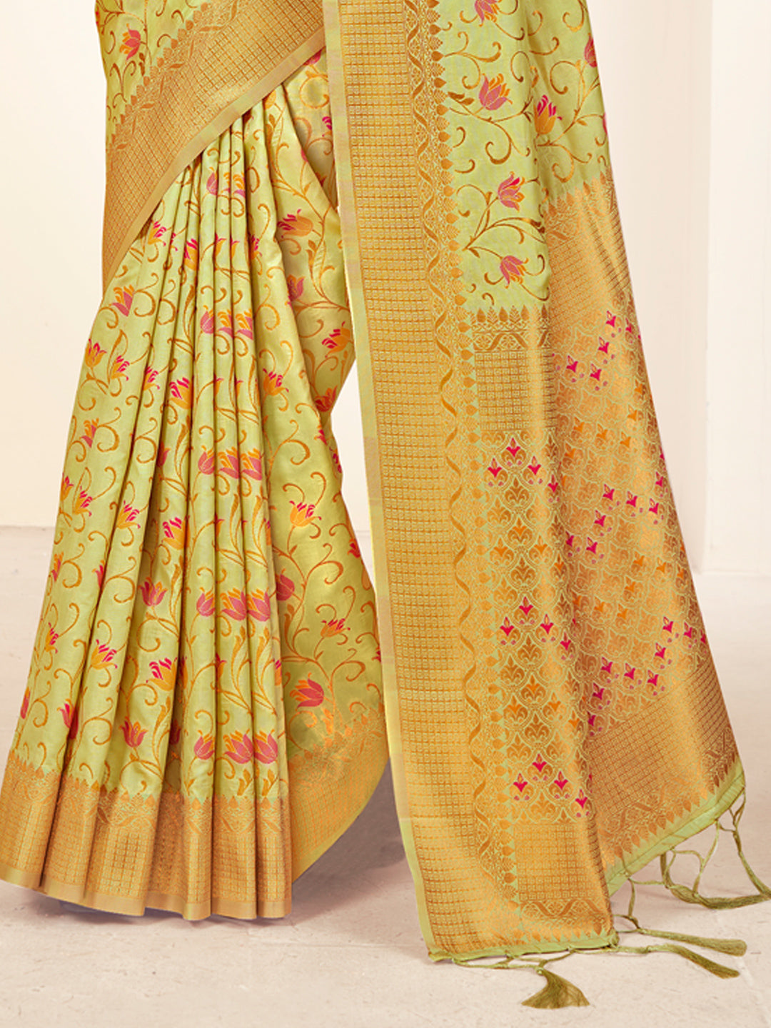 Light Green Banarasi Silk Woven Work Traditional Tassels Saree