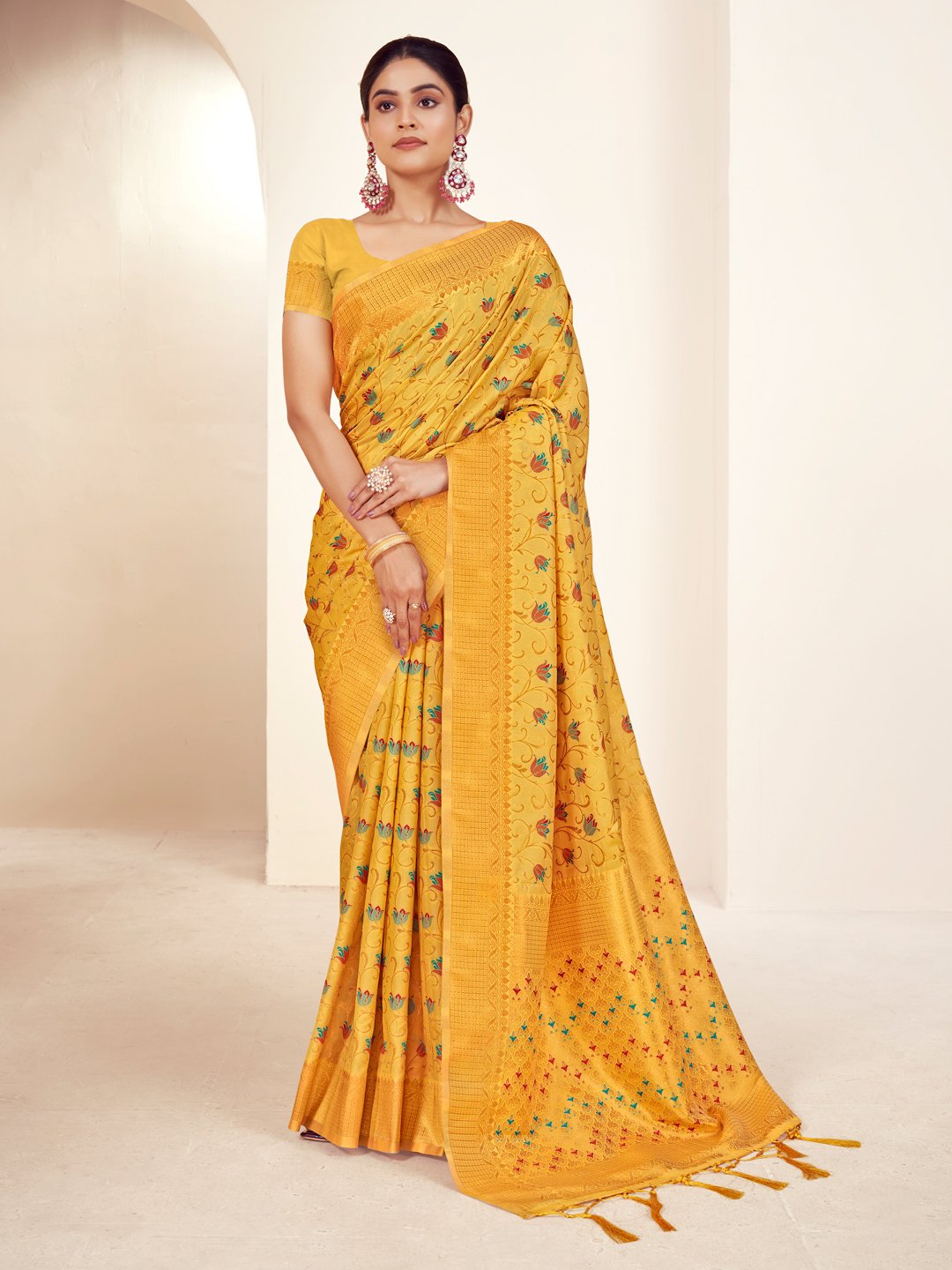 Mustard Banarasi Silk Woven Work Traditional Tassels Saree