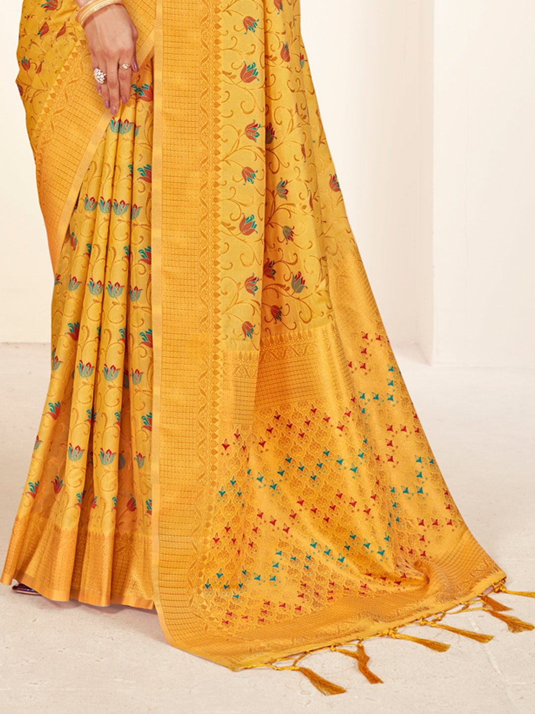 Mustard Banarasi Silk Woven Work Traditional Tassels Saree