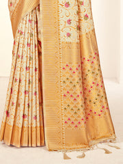 Cream Banarasi Silk Woven Work Traditional Tassels Saree