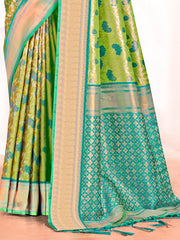 Parrot Green Kanjivaram Silk Woven Work Traditional Tassels Saree