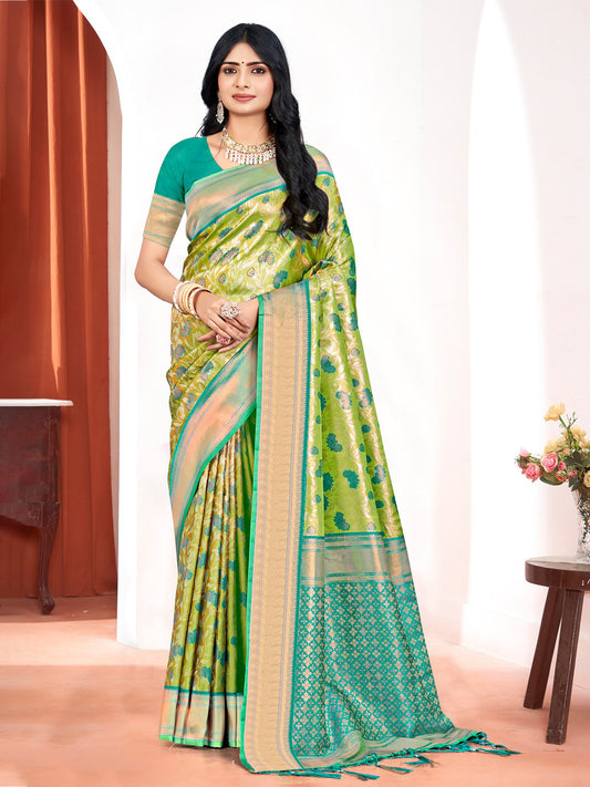 Parrot Green Kanjivaram Silk Woven Work Traditional Tassels Saree