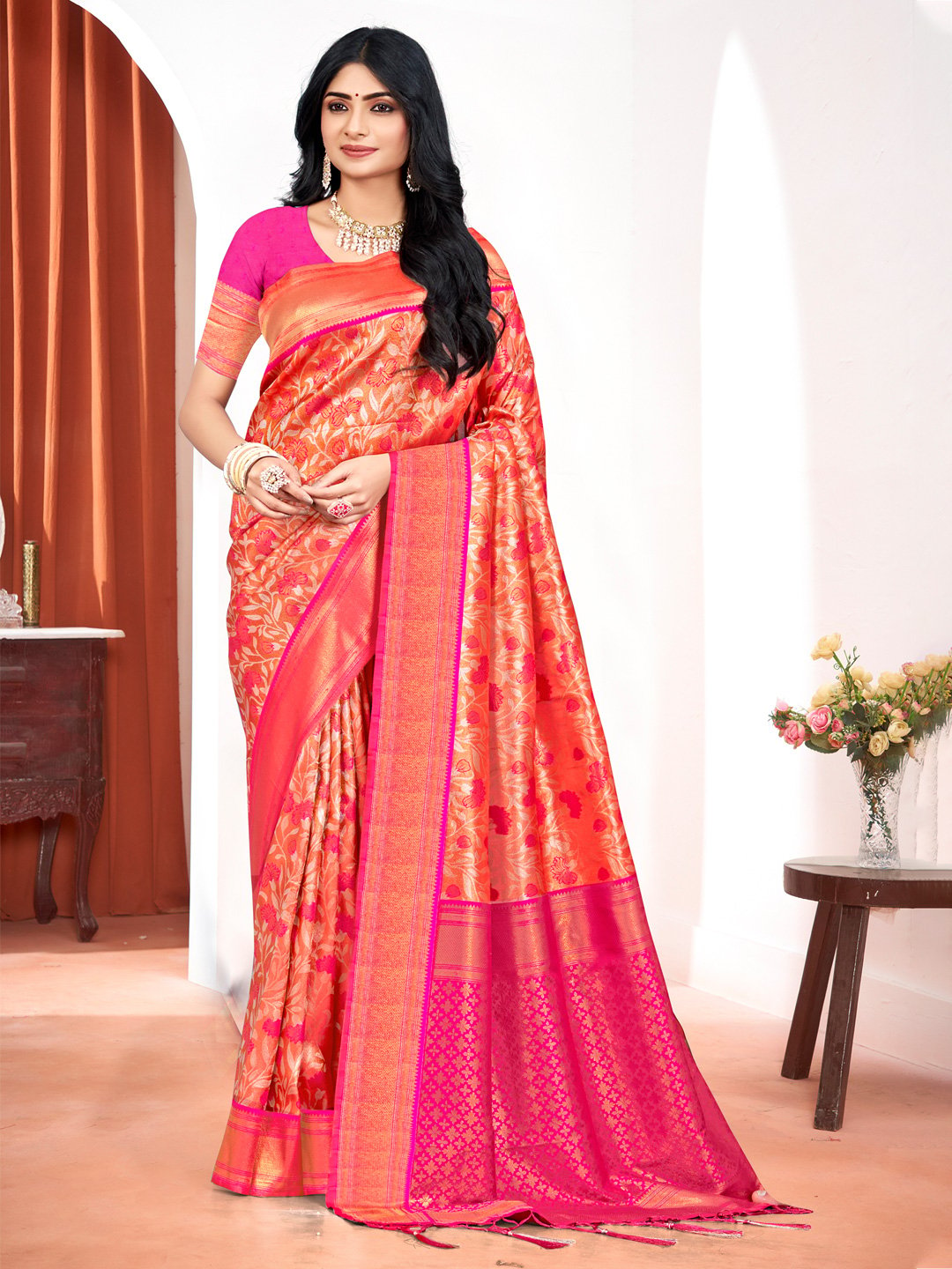 Pink Kanjivaram Silk Woven Work Traditional Tassels Saree