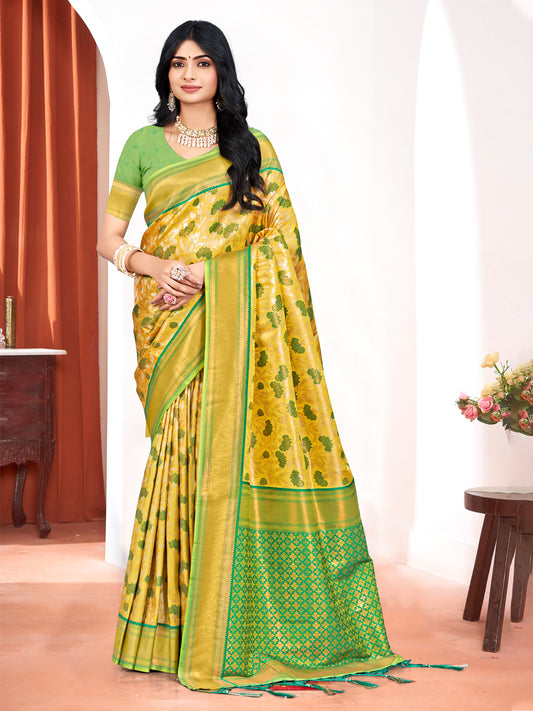 Yellow Kanjivaram Silk Woven Work Traditional Tassels Saree