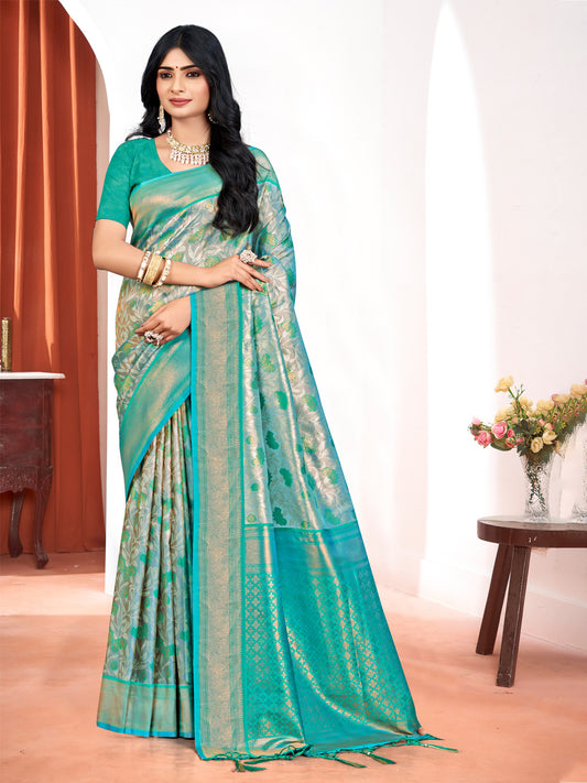 Sea Green Kanjivaram Silk Woven Work Traditional Tassels Saree