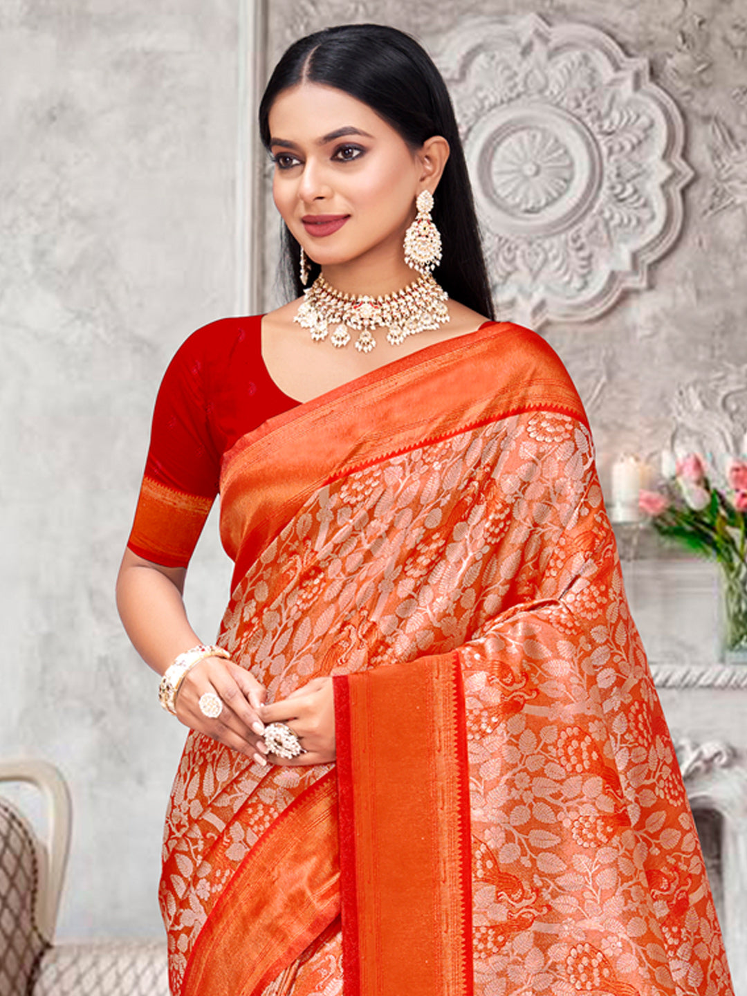 Orange Kanjivaram Silk Woven Work Traditional Tassels Saree