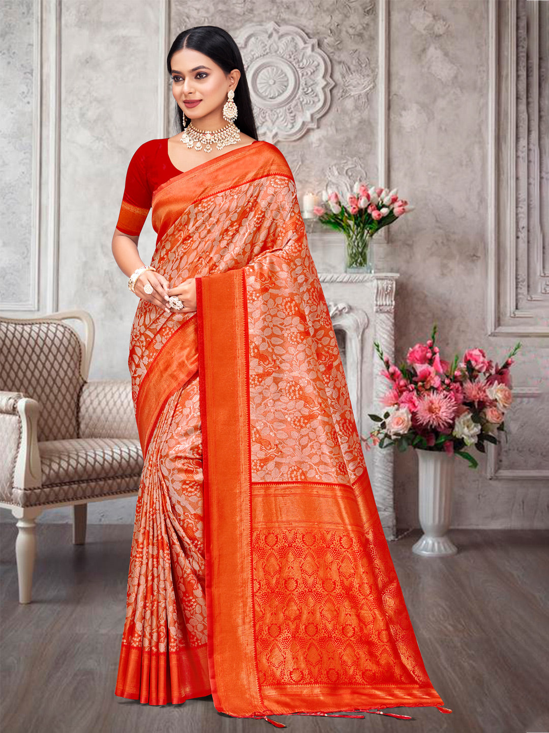 Orange Kanjivaram Silk Woven Work Traditional Tassels Saree