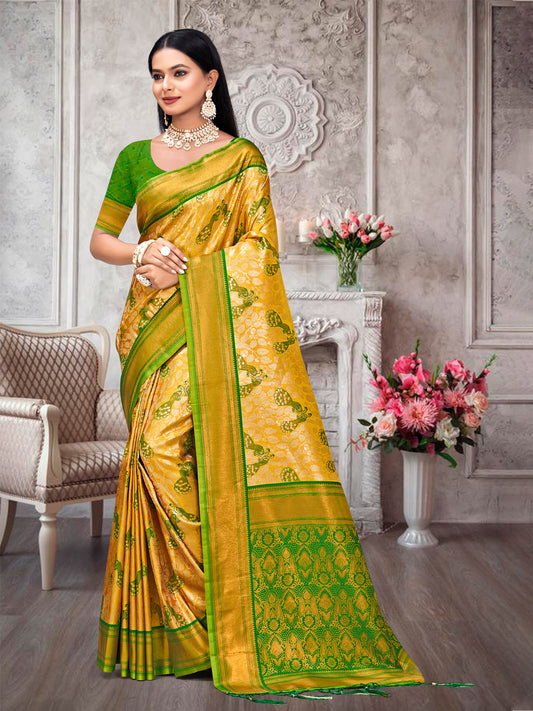 Yellow Kanjivaram Silk Woven Work Traditional Tassels Saree