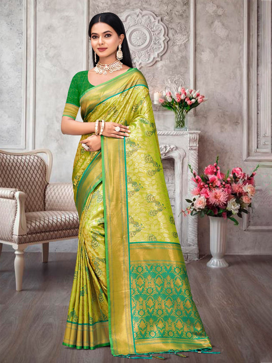 Parrot Green Kanjivaram Silk Woven Work Traditional Tassels Saree