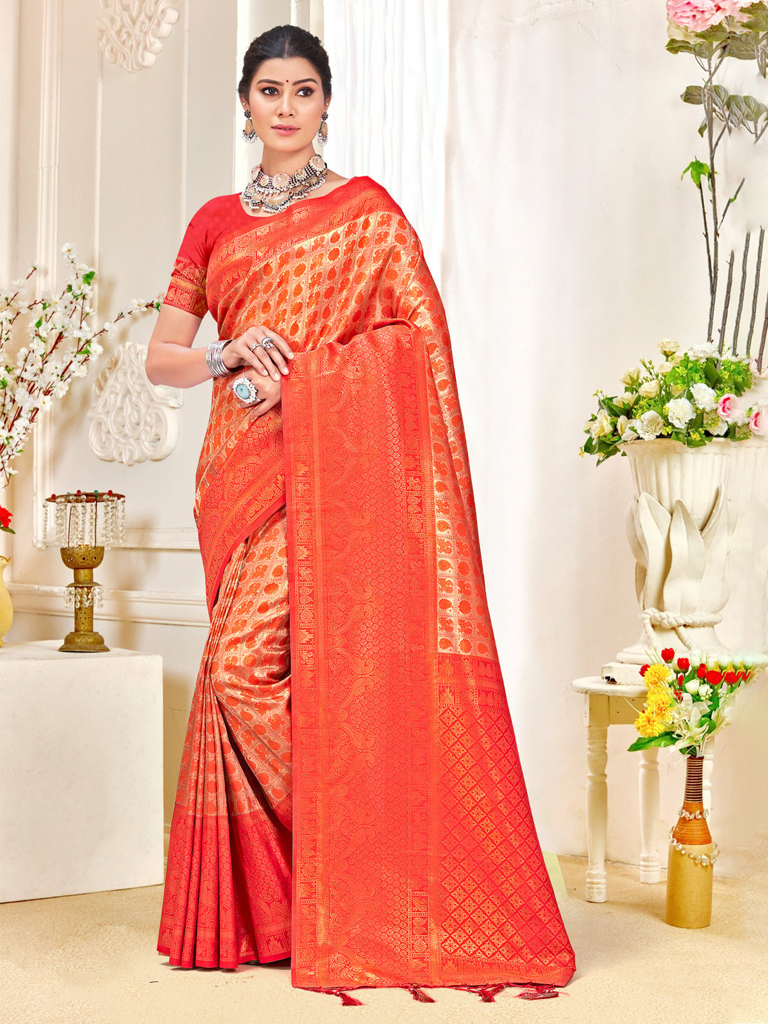 Red Kanjivaram Silk Woven Work Traditional Tassels Saree